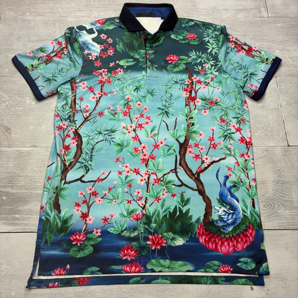 Greyson Polo Shirt Mens Medium Blue Floral Crane Wolf Golf Performance Short Slv